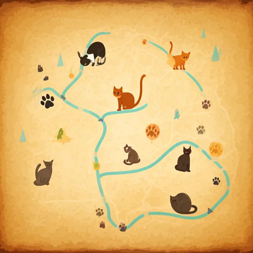 stylized map with cat-themed landmarks and paw print markers